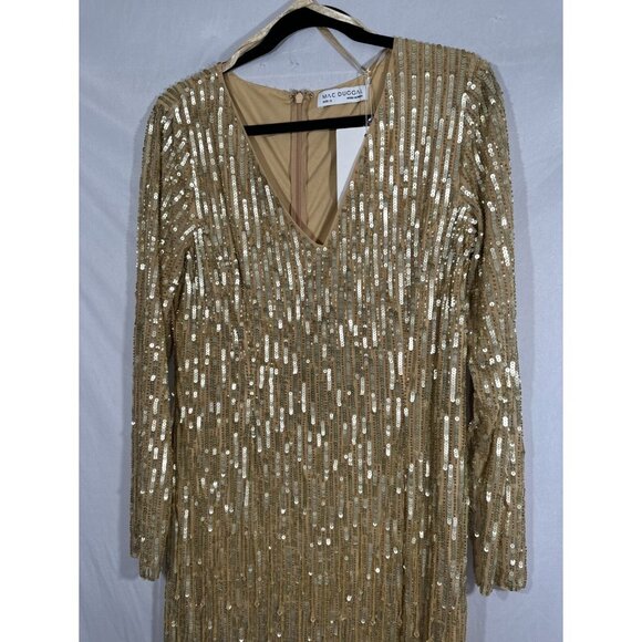 NWT $598 Mac Duggal [ 12 ] Sequined Long Sleeve V Neck Beaded Fringe Gown Gold‎ - Picture 9 of 15